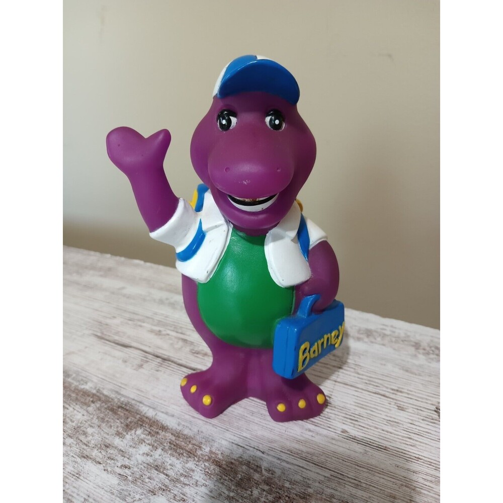Vintage Barney Holding Lunch Box & Backpack Coin Piggy Bank 7" 90s Plastic 1992